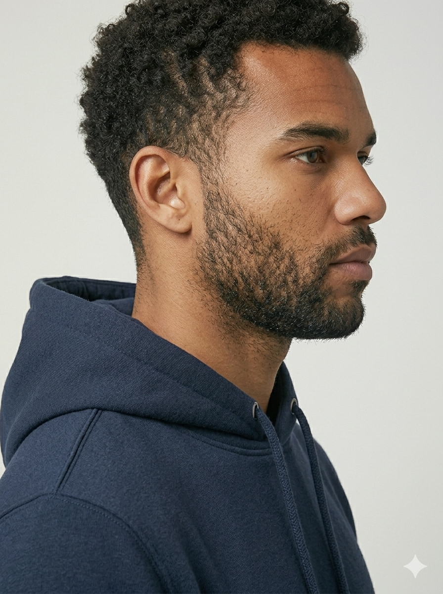Man wearing a navy blue hoodie against a light gray background