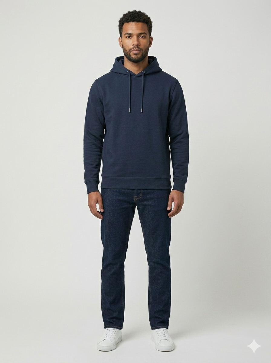 Man wearing a navy hoodie and pants on a white background
