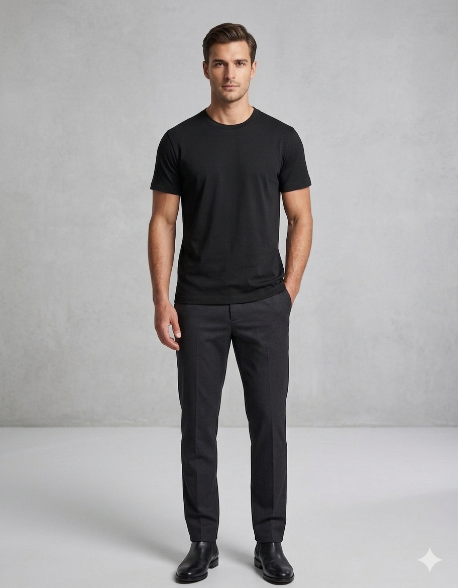 Man wearing a black t-shirt and dark pants against a gray background