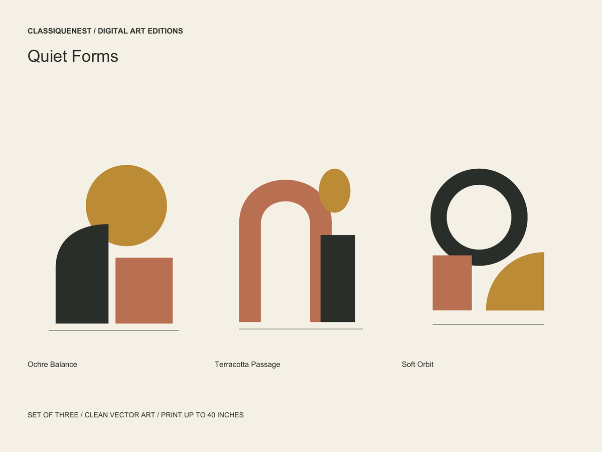 Quiet Forms — Set of 3 Digital Art Prints — clean vector edition printable up to 40 inches
