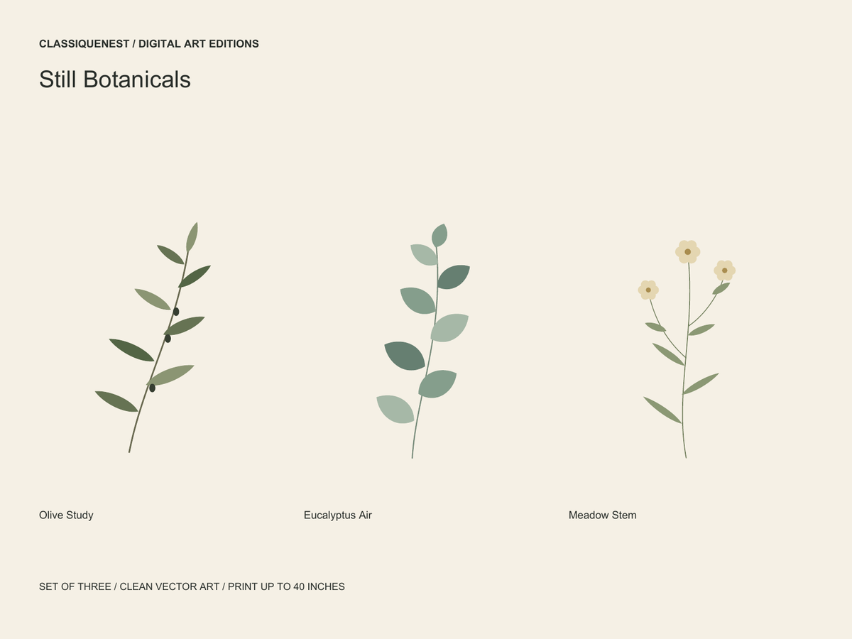 Still Botanicals — Set of 3 Digital Art Prints — clean vector edition printable up to 40 inches