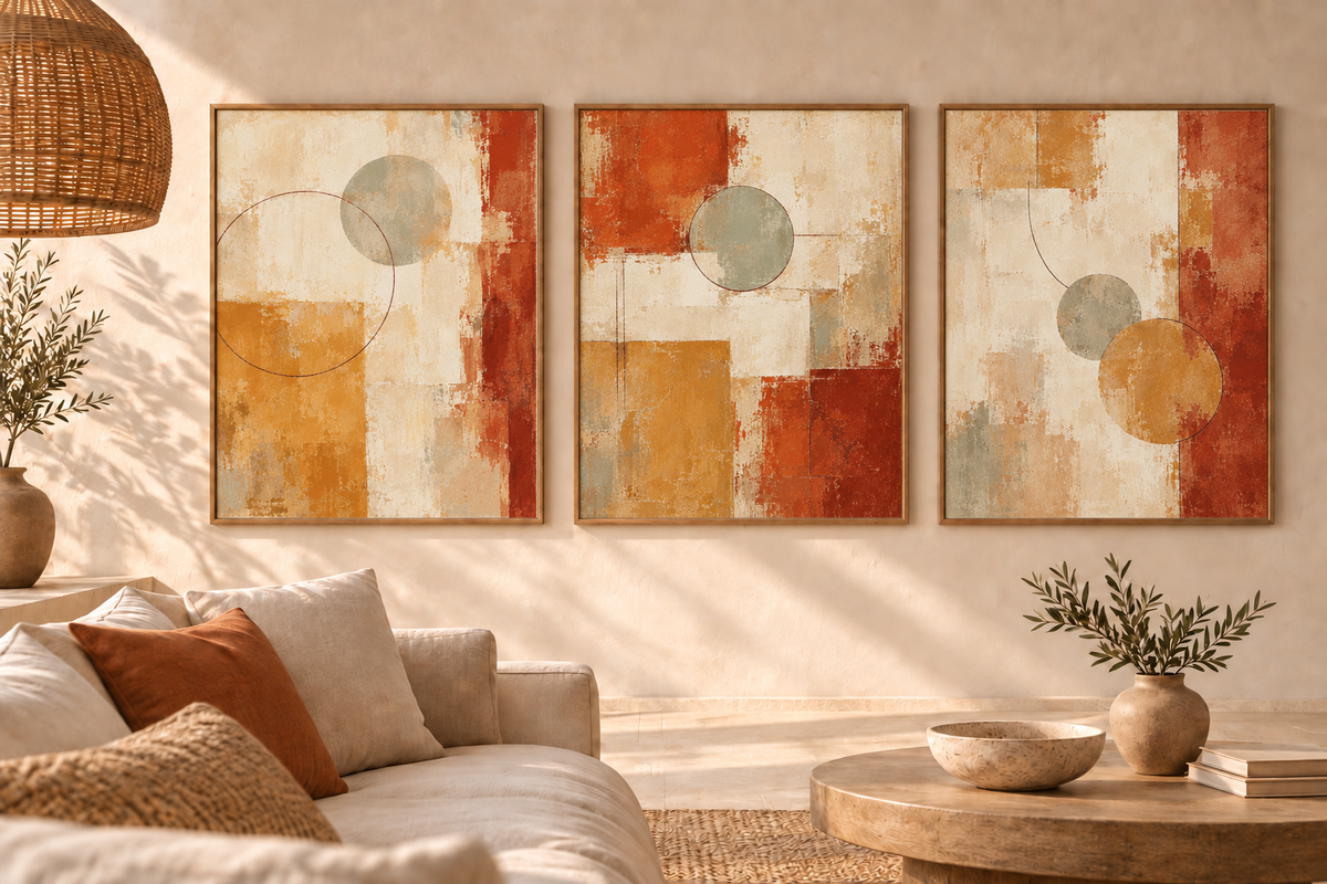 Warm Earth set of three in matching oak frames — interior styling illustration, digital files only; frames and furnishings excluded