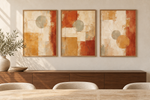 Warm Earth set of three above a walnut sideboard in a sunlit dining room — styling illustration; digital files only, frames and furnishings excluded